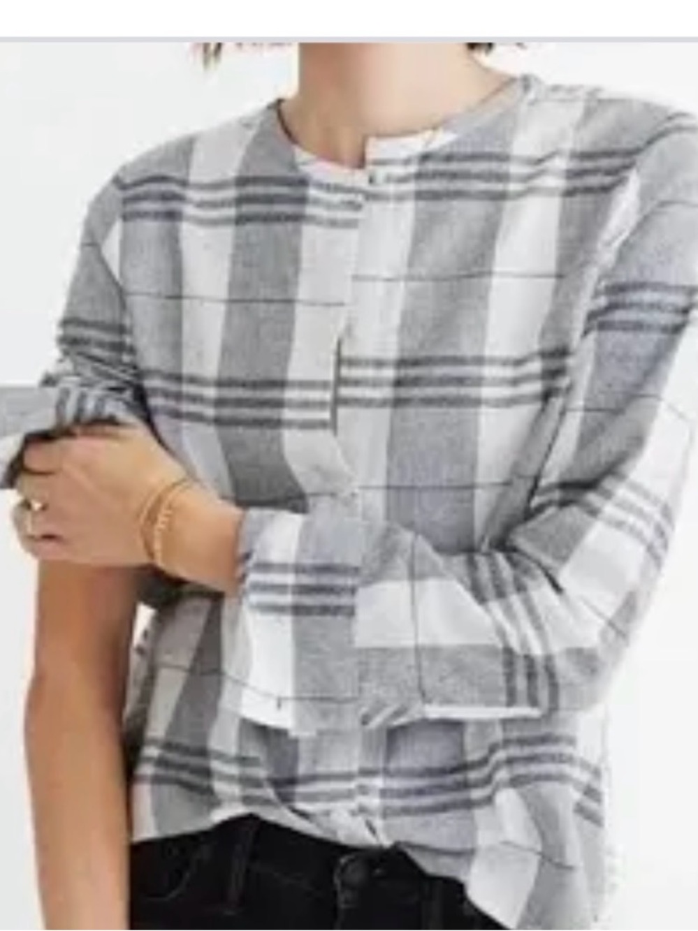 Madewell Plaid collarless Cotton Button Front Blouse grey White M